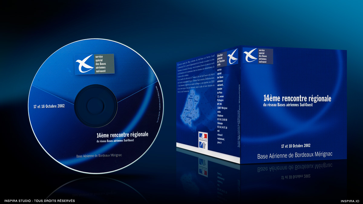 Création du CD-ROM Multimédia et interactif pour le SSBASO (Service Spécial des Bases Aériennes du Sud-Ouest). Design du label et de la jaquette du…