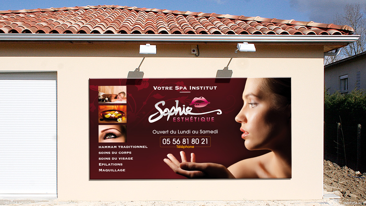 Conception du panneau publicitaire grand format de l'institut Spa «Sophie Esthétique». Fabrication de qualité, impression directe et en couleur sur…
