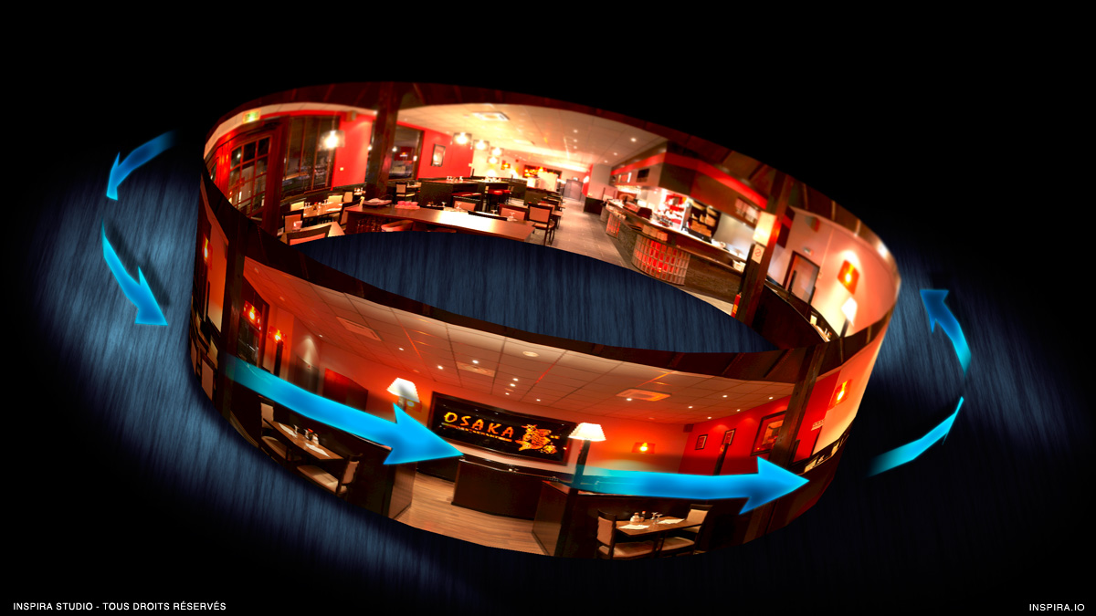 Prise de vue et conception d'un panoramique 360° de l'intérieur du restaurant Osaka situé à Mérignac. Cette photographie 360° a été intégrée au site…