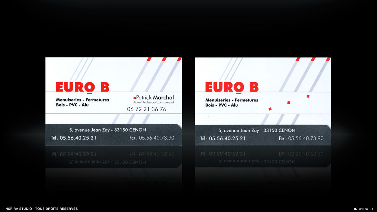 Design des cartes de visite pour la société Euro B. Conception des cartes pour impression en bichromie.
