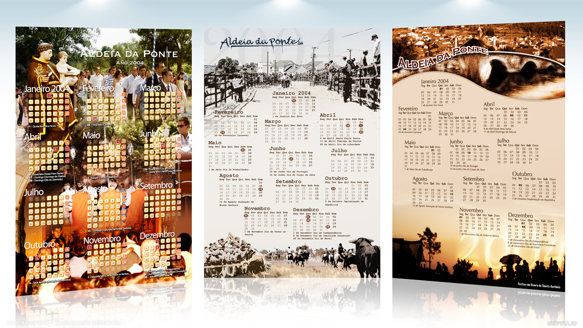 Création originale et impression numérique de calendriers pour les festivités 2004 se déroulant à Aldeia da Ponte (Portugal).