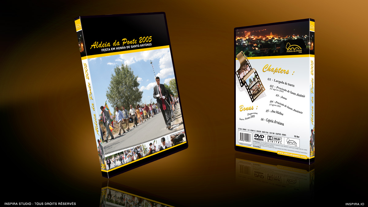 Montage et authoring DVD vidéo du film des festivités 2005 d'Aldeia da Ponte (Portugal). Conception de la jaquette du DVD et impression numérique.