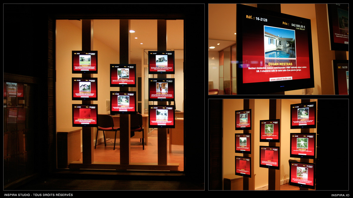 Conception de la vitrine dynamique du réseau Cabinet Bedin Immobilier (Bordeaux Mérignac). Système d'information en temps réel permettant la…