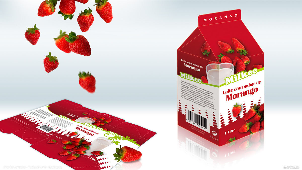 Étude graphique d'un packaging de brique de lait à la fraise.