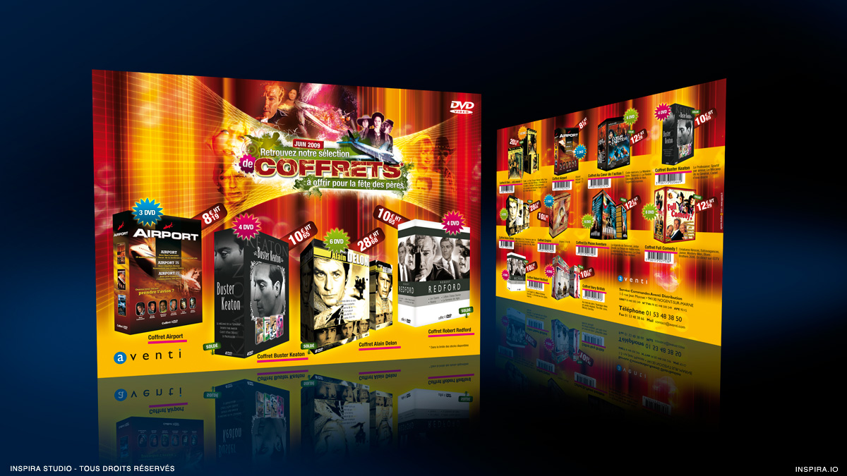 Création de la plaquette promotionnelle de Mars 2009 pour la société Aventi destiné à promouvoir la vente de coffrets DVD Vidéo. Format A4 paysage…