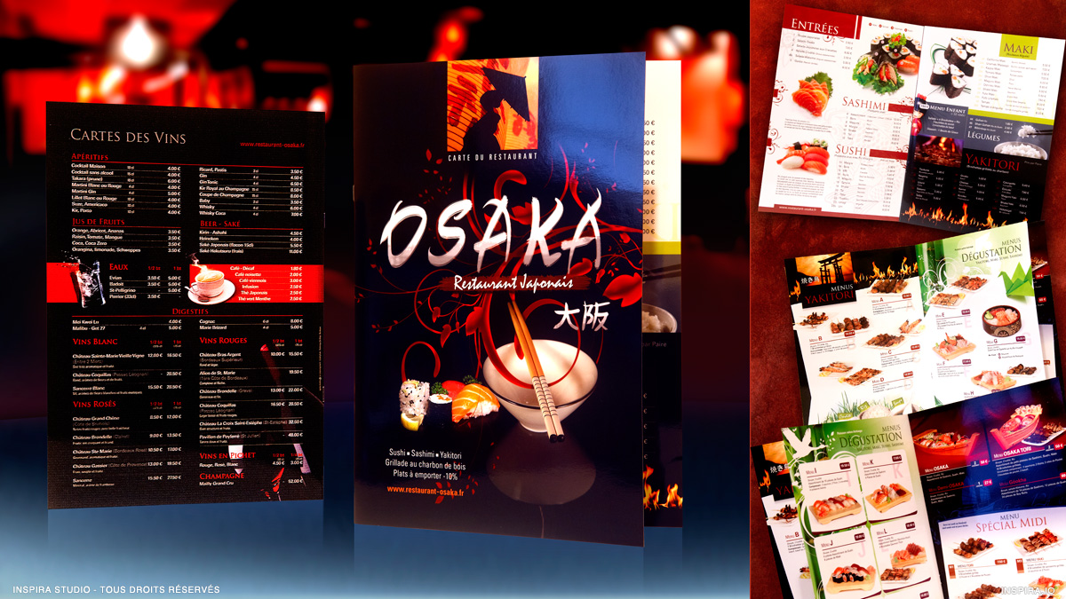 Conception graphique de la carte du Restaurant Japonais Osaka situé à Mérignac (Gironde).
Prise de vues photographique des différents plats,…