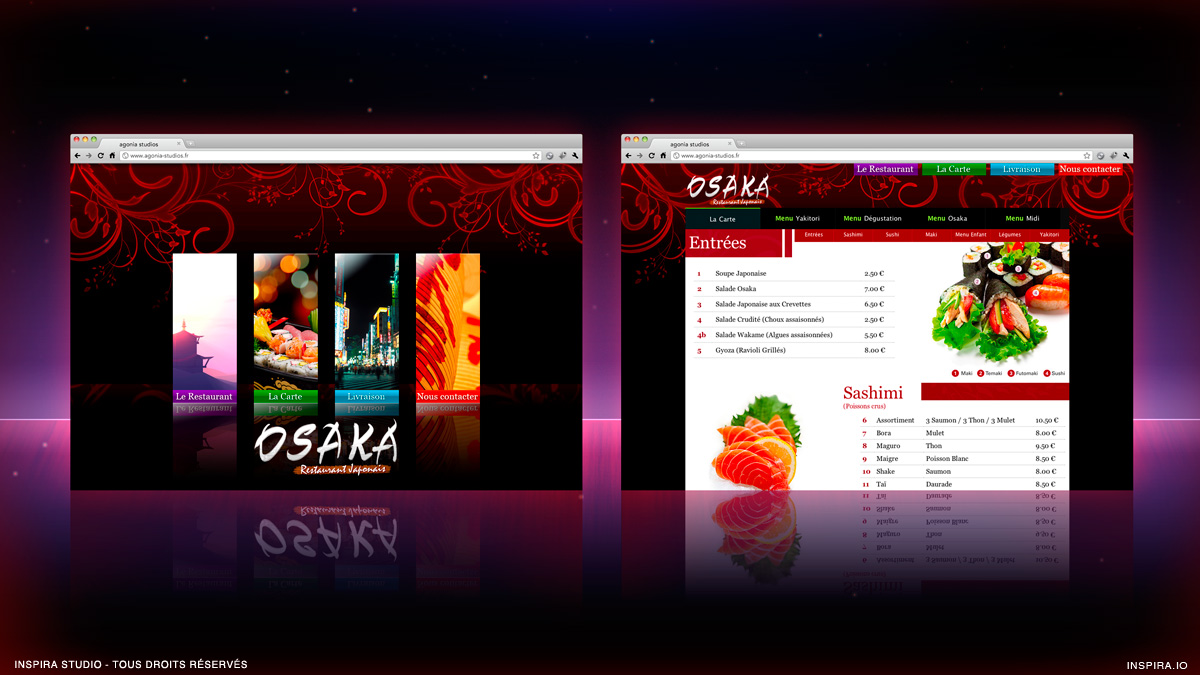 Conception et développement du site Internet du Restaurant Osaka. Interface graphique animée au moyen de la technologie Ajax (Pas de Flash®).…