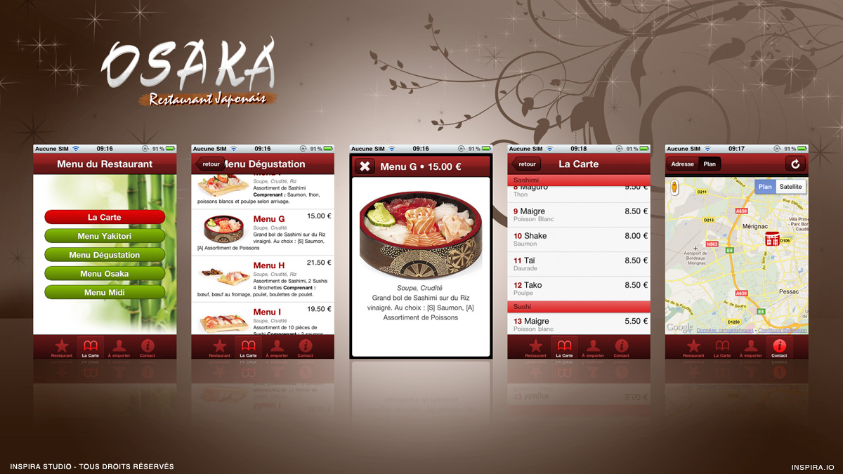 Développement du site du restaurant Osaka adapté au mobile. Liste et prix des menus, carte du restaurant, et plan dynamique affichant la position du…