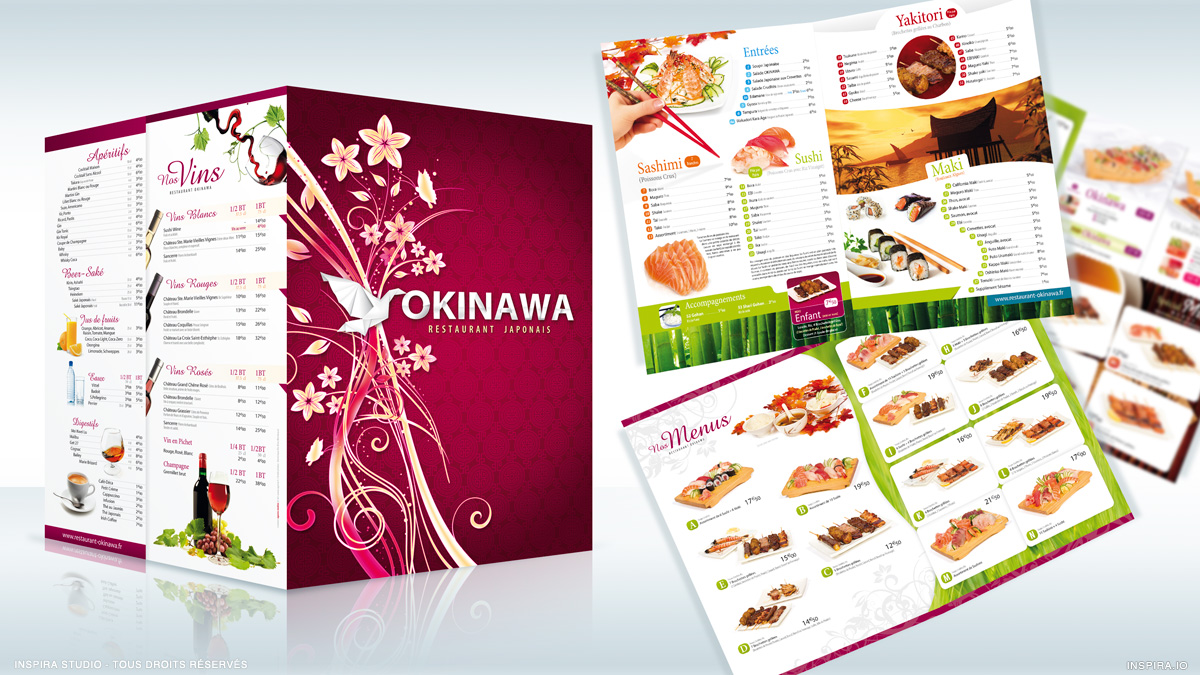 Création de la carte du restaurant Japonais Okinawa situé à Cestas. Prise de vue photographique des différents menus en studio, chez le client.…
