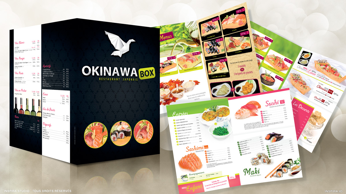 Création de la carte du restaurant Okinawa BOX (Saint-Jean-d'Illac). Prise de vue photographique. Prise en charge de l'impression du menu.